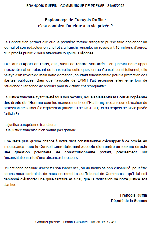 Francois_Ruffin's tweet photo. "Irrecevables." La Cour d'Appel refuse de transmettre nos questions au Conseil constitutionnel : Bernard Arnault et LVMH peuvent-ils payer la Justice pour échapper à un procès ?

Nous saisissons la Cour européenne des droits de l'Homme. https://t.co/VcXvsT572O