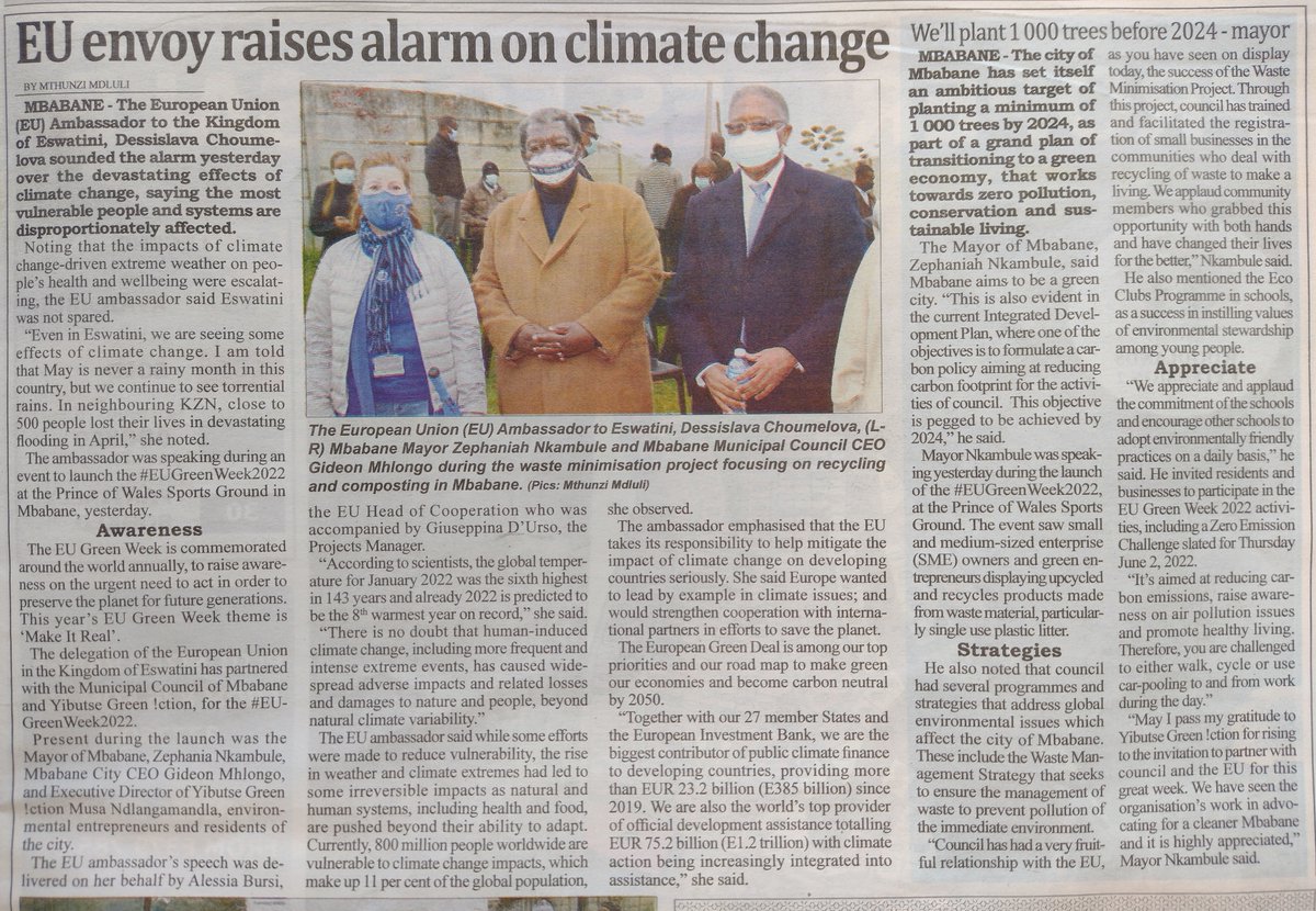 wrexbrown's tweet image. The Times of Eswatini reports on the start of the @EUinEswatini #EUGreenWeek2022 activities with the ambassador making remarks around climate impacts and the need to increase resilience of vulnerable groups