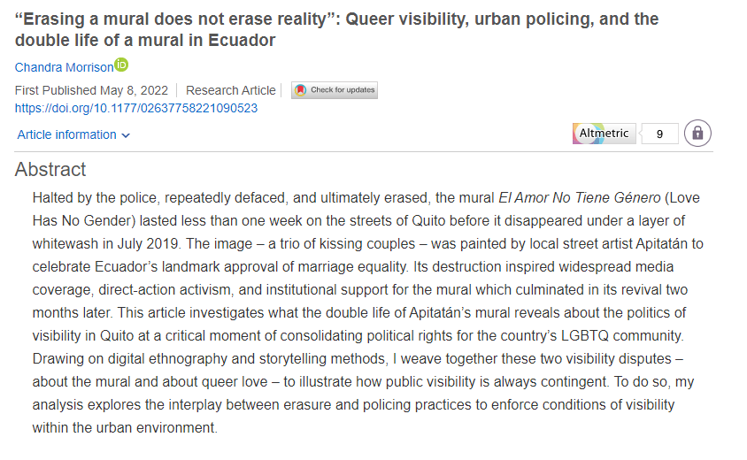 Mariann Sarquis-Sepúlveda (@mssarquis) on Twitter photo "Erasing a mural does not erase reality" -
muy interesante artículo sobre el borrado de #murales urbanos en #Ecuador escrito por Dr <a href="/drchanmor/">Chandra Morrison Ariyo</a> recién fue publicado en EPD Society and Space.
Lo pueden encontrar aquí: journals.sagepub.com/doi/10.1177/02… "Erasing a mural does not erase reality" -
muy interesante artículo sobre el borrado de #murales urbanos en #Ecuador escrito por Dr <a href="/drchanmor/">Chandra Morrison Ariyo</a> recién fue publicado en EPD Society and Space.
Lo pueden encontrar aquí: journals.sagepub.com/doi/10.1177/02…