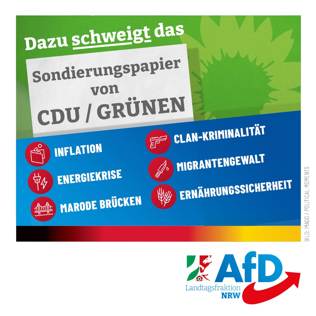 Was CDU und Grüne als „belastbare Basis“ für ihre Koalitionsgespräche bezeichnen, ist für die Bürger NRWs ein Schlag ins Gesicht. Verschärfung der Fehlpolitik, wohin man blickt! 

#Sondierungspapier #AfD #LtNRW
