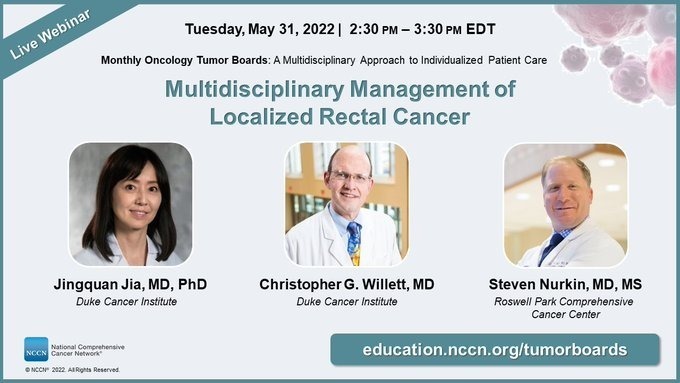 DocMeetingsCRS (@docmeetings_crs) on Twitter photo MONTHLY ONCOLOGY TUMOR BOARDS: MULTIDISCIPLINARY MANAGEMENT OF LOCALIZED RECTAL CANCER
<a href="/NCCN/">National Comprehensive Cancer Network (NCCN)</a>
5/31/22, 2:30 PM GMT -4 summer
Christopher G. Willett
Jingquan "Caron" Jia
<a href="/sjnurkin/">Steven Nurkin, MD</a>
docmeetings.com/events/185308b…
#webinar #webinars #médico #médica #oncology #oncologia MONTHLY ONCOLOGY TUMOR BOARDS: MULTIDISCIPLINARY MANAGEMENT OF LOCALIZED RECTAL CANCER
<a href="/NCCN/">National Comprehensive Cancer Network (NCCN)</a>
5/31/22, 2:30 PM GMT -4 summer
Christopher G. Willett
Jingquan "Caron" Jia
<a href="/sjnurkin/">Steven Nurkin, MD</a>
docmeetings.com/events/185308b…
#webinar #webinars #médico #médica #oncology #oncologia