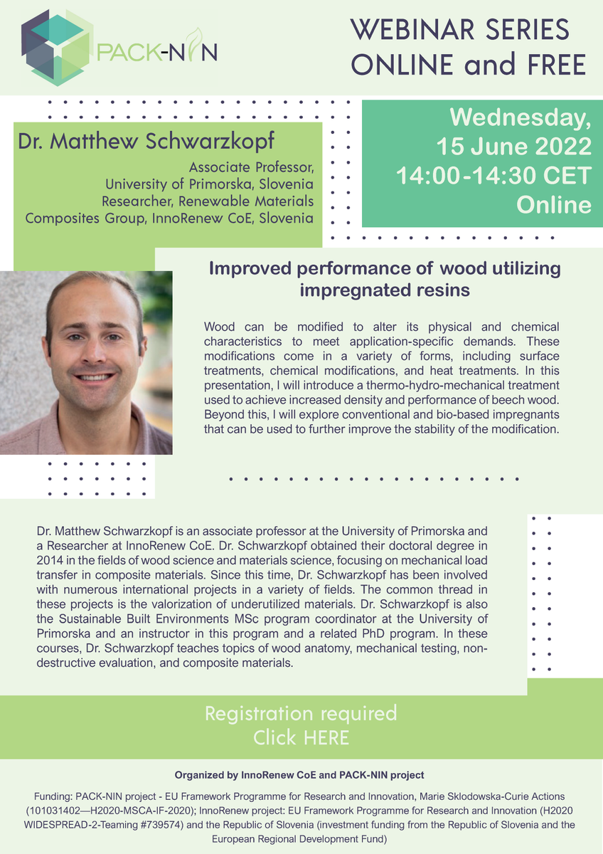InnoRenewCoE's tweet photo. Join the PACK-NIN webinar featuring Dr. Matthew Schwarzkopf on Wednesday, 15 June 2022 at 14:00 CET. 

He will present about improved performance of #wood utilizing impregnated resins

Register for this free webinar.
➡️ https://t.co/PMmEbRYt9z
#biobased #PackNin #innorenew #msca https://t.co/7cd67EtM52