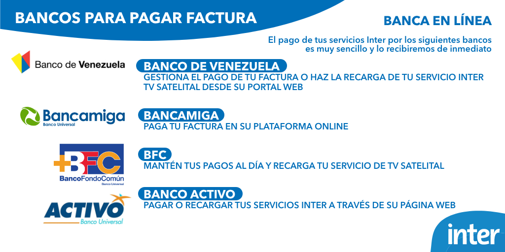 InterCliente's tweet photo. Puedes realizar el pago de tu factura Inter a través de los siguientes Bancos, sigue nuestro link  https://t.co/WpjVfnKtCK              #InterPagos https://t.co/YdHrGwAHPv