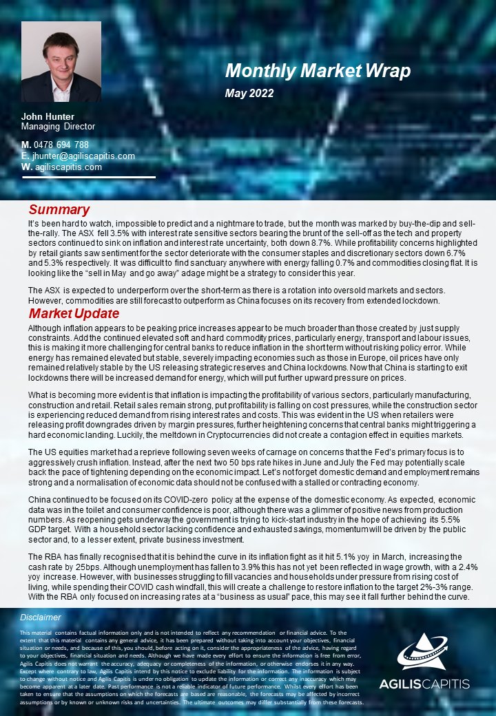 It was difficult to find sanctuary during May as the ASX fell 3.5%, while not expected to improve in the short term with a rotation into beaten up opportunities, although commodities are expected to continue to outperform as China is recovery focused.

Read further the May update
