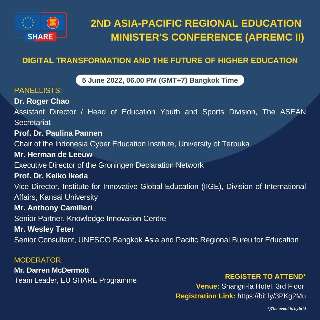 SHARE_ASEAN's tweet photo. SHARE is joining #APREMCII in Bangkok this week. SHARE will contribute a side event on the Digital Transformation and the Future of HE session, discussing HE at global and regional levels, and highlights of digital transformation in HE. See you there! https://t.co/vMcXCtKhJa https://t.co/JATQm7dyfk