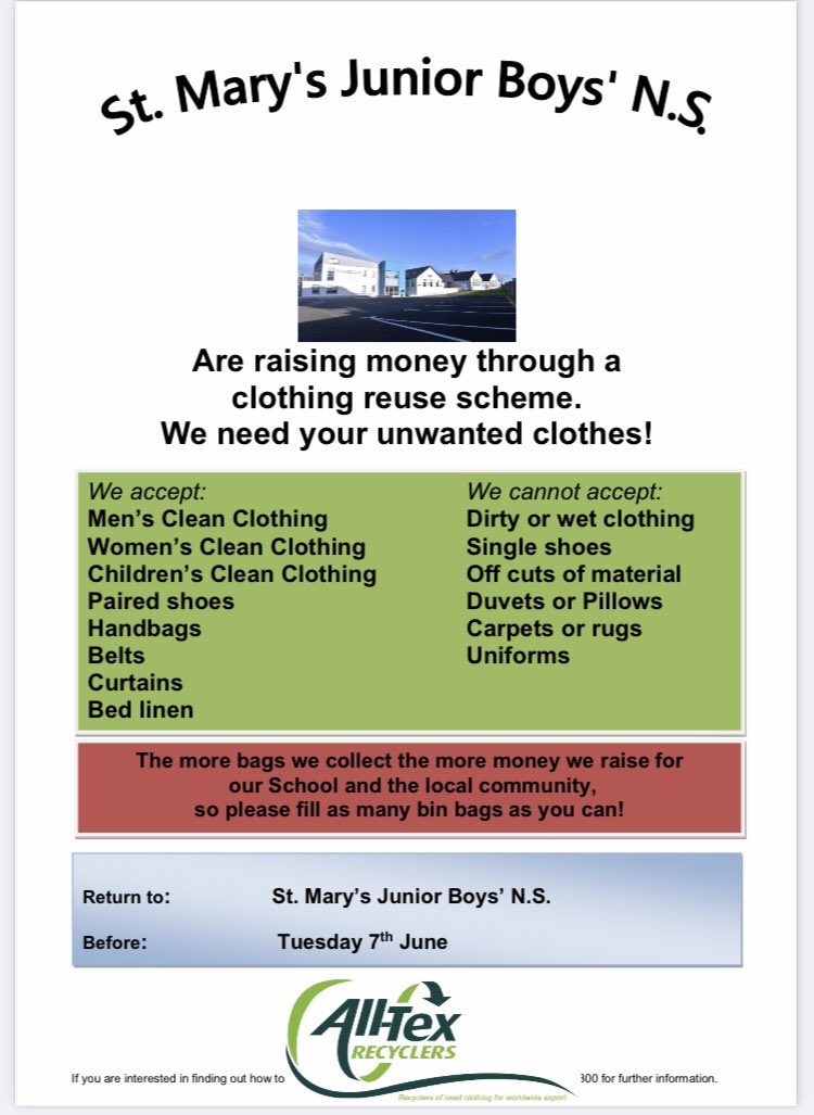 nenaghcns's tweet photo. Don't forget our upcoming clothes collection on June 7th. Please send any items you may have as soon as possible. Thank you in advance #clothescollection #clothes #recycling #greenschool @GreenSchoolsIre @TipperaryETB @ClodaghKelly17 #nenagh https://t.co/vNS1ssMSY8
