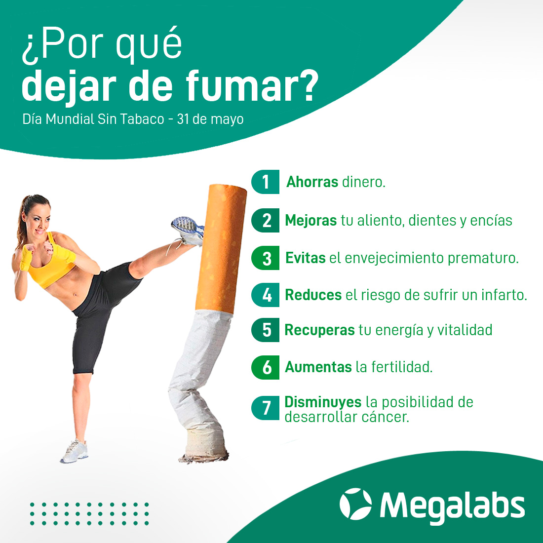 Hoy en el Día Mundial Sin Tabaco queremos darte 7 razones para dejar de fumar.🚭
El consumo de tabaco es la principal causa evitable de enfermedad y muerte en el mundo. Elige vivir sano, elije cuidar tu salud y la de tu familia.

#DiaMundialSinTabaco #Megalabs