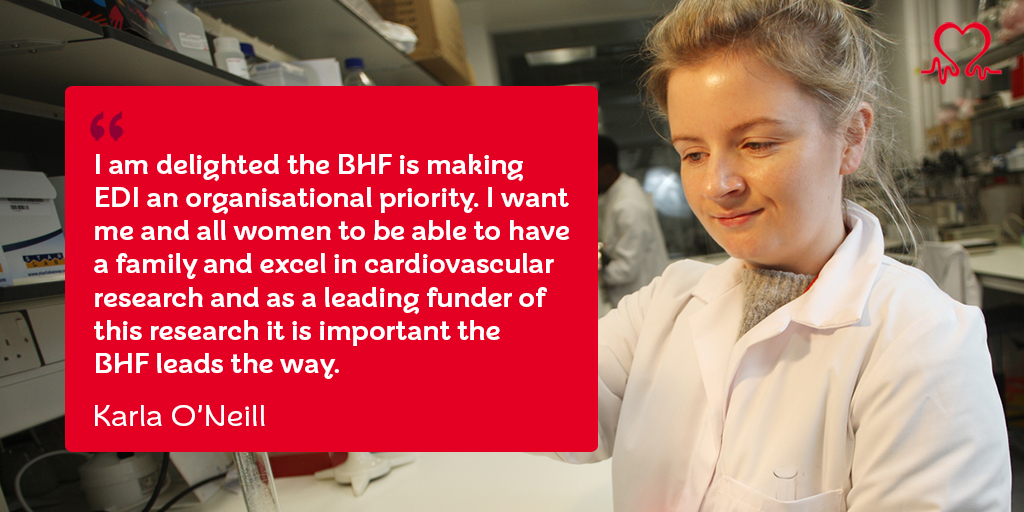 To mark the launch of our new equality, diversity &amp; inclusion (EDI) strategy, we've asked BHF-funded Research Fellow, Karla O’Neill to tell us why the strategy is so important to her and other #WomenInScience. 
See more in the strategy 👉 bit.ly/38u03TW #BHFIgniteChange