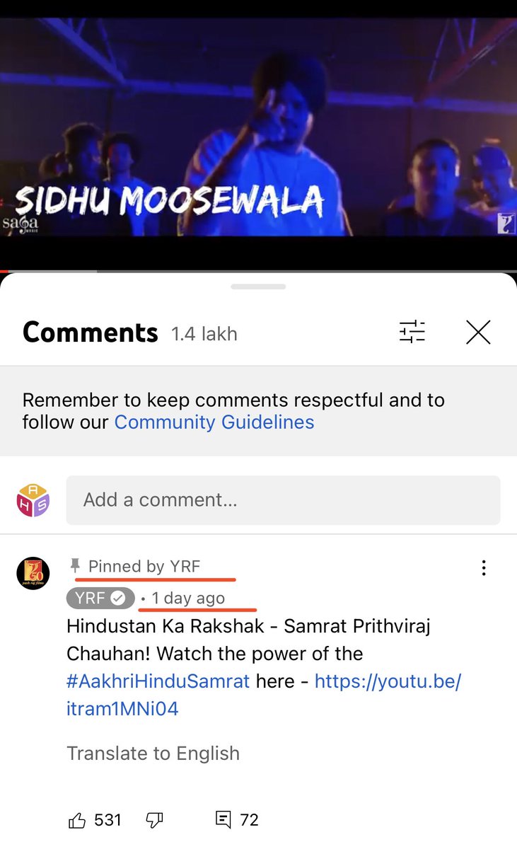 sunnynehrabro's tweet image. As many persons are listening to #sidhumosewala songs, YRF is taking full advantage of viewers of his songs for promoting movies.

Even on this 2 year old song they have pinned this promotion.

Looks like business, profits oriented mentality has completely overshadowed #humanity