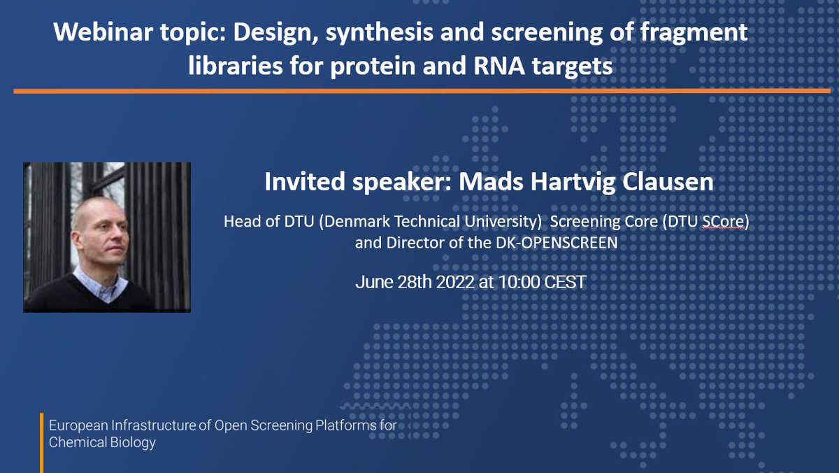 <a href="/EuOpenscreen/">EU-OPENSCREEN ERIC</a> webinar series 2022 continue with the next webinar on June 28th at 10:00 CEST! Do not miss the talk of Mads Clausen from <a href="/ChemistryDtu/">DTU Chemistry</a> on design, synthesis &amp; screening of fragment libraries for protein and RNA targets.
Register: us06web.zoom.us/webinar/regist…
<a href="/DTUtweet/">DTU</a>
