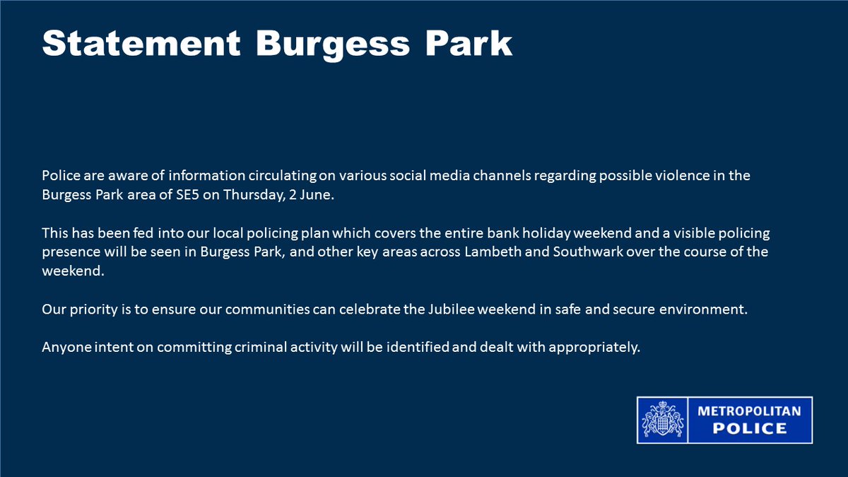 I am in contact with <a href="/MPSSouthwark/">Southwark Police | Central South BCU</a>  who have a policing plan in place. Please share this messaging and help us to keep our children safe this weekend. <a href="/MPSSutton/">South Area - Sutton MPS</a> <a href="/MPSCroydon/">South Area - Croydon MPS</a> <a href="/MPSSutton/">South Area - Sutton MPS</a>
