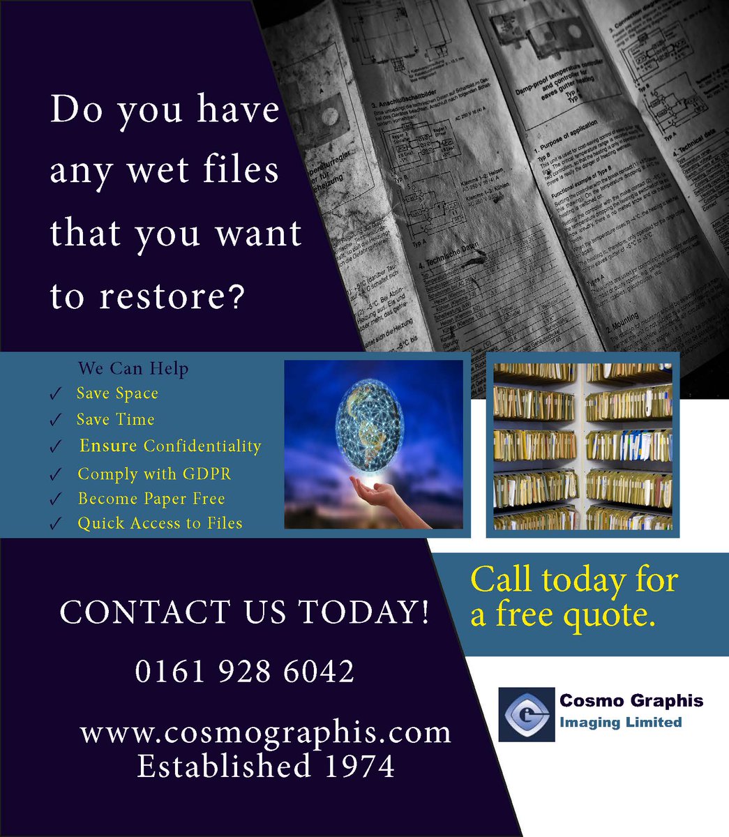 Cosmo Graphis (@cosmographis) on Twitter photo Do you have any wet files that you want to restore?
Cosmo Graphis Imaging Limited can dry your water damaged documents. Don't let your valuable documents be lost forever.
Enquire today for a free quote at sales@cgil.co.uk.
#damagedfiles #waterdamage #scanning #storing Do you have any wet files that you want to restore?
Cosmo Graphis Imaging Limited can dry your water damaged documents. Don't let your valuable documents be lost forever.
Enquire today for a free quote at sales@cgil.co.uk.
#damagedfiles #waterdamage #scanning #storing