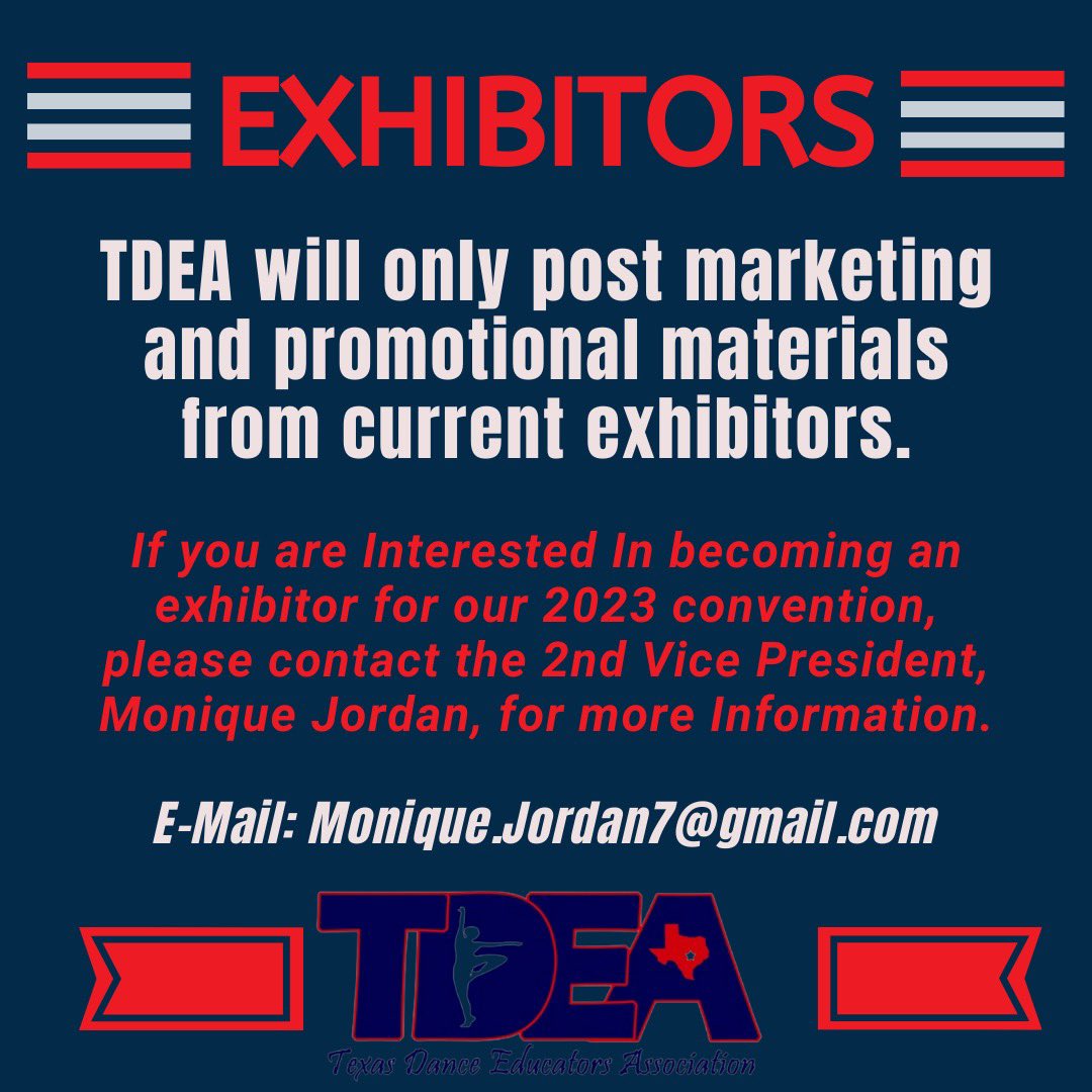 TDEA (@tdeadancers) on Twitter photo Moving forward, TDEA will only post promotional materials from CURRENT exhibitors. If interested in becoming an exhibitor, please e-mail Monique Jordan at Monique.Jordan7@gmail.com. Moving forward, TDEA will only post promotional materials from CURRENT exhibitors. If interested in becoming an exhibitor, please e-mail Monique Jordan at Monique.Jordan7@gmail.com.