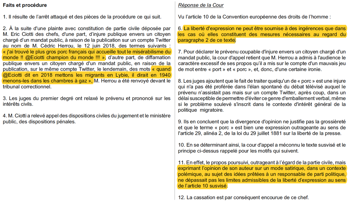 Nicolas Hervieu (@n_hervieu) on Twitter photo Liberté d'expression : La <a href="/Courdecassation/">Cour de cassation</a> annule la condamnation de @CedricHerrou pour injure envers @ECiotti (qualifié de "plus gros porc français" dans un tweet).
Car bien qu'outrageant, le propos tenu est satirique & lié au débat politique (sur la politique migratoire). Liberté d'expression : La <a href="/Courdecassation/">Cour de cassation</a> annule la condamnation de @CedricHerrou pour injure envers @ECiotti (qualifié de "plus gros porc français" dans un tweet).
Car bien qu'outrageant, le propos tenu est satirique & lié au débat politique (sur la politique migratoire).