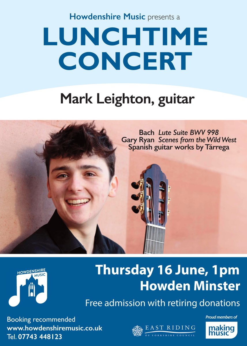 HowdenshireMus's tweet photo. Our next lunchtime concert! Thursday 16 June, 1pm, Howden Minster with the wonderful guitarist Mark Leighton.
Free tickets available here: https://t.co/LzYInBbGzk
#spanishguitar #Bach #Tarrega #GaryRyan https://t.co/42FERbGogD