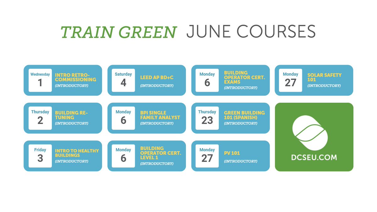 DCSEU's tweet photo. Check out June's calendar for #TrainGreen courses offered at no cost to District CBE's &amp; DC residents. Register today for these courses/certifications &amp; help build a sustainable workforce in DC https://t.co/KuMEMImwLT  🔋 @SmallBizDC @DOEE_DC 

#DCGreenJobs #DCInfrastructure https://t.co/xNkl22f3C1