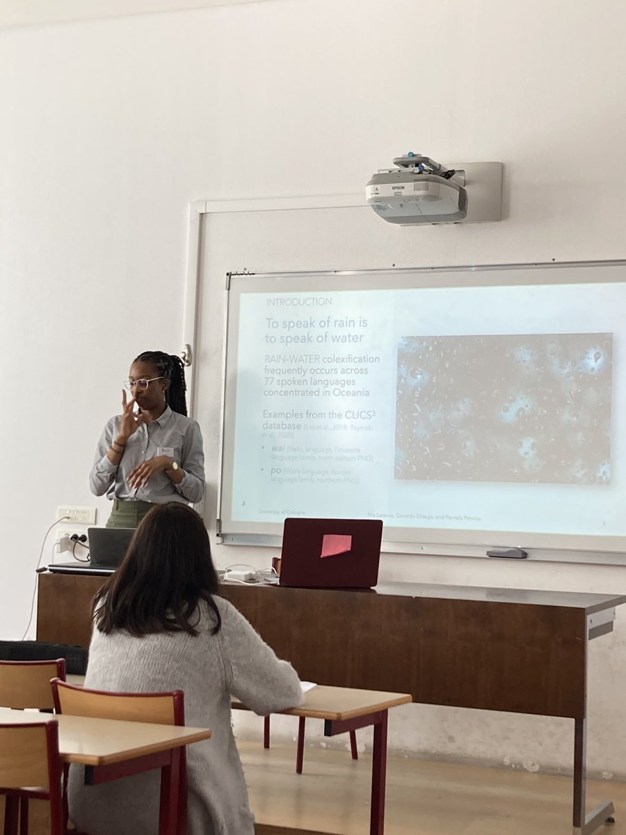 Gerardo Ortega (@ortega_ger) on Twitter photo Our own <a href="/niaOaklandish/">Nia Lazarus ✨</a> presents her PhD work where she explores how iconicity contributes to colexification processes in two unrelated sign languages (BSL-DGS). Iconicity seems to show patterns not attested in spoken languages before #ILL13 #iconicity Our own <a href="/niaOaklandish/">Nia Lazarus ✨</a> presents her PhD work where she explores how iconicity contributes to colexification processes in two unrelated sign languages (BSL-DGS). Iconicity seems to show patterns not attested in spoken languages before #ILL13 #iconicity