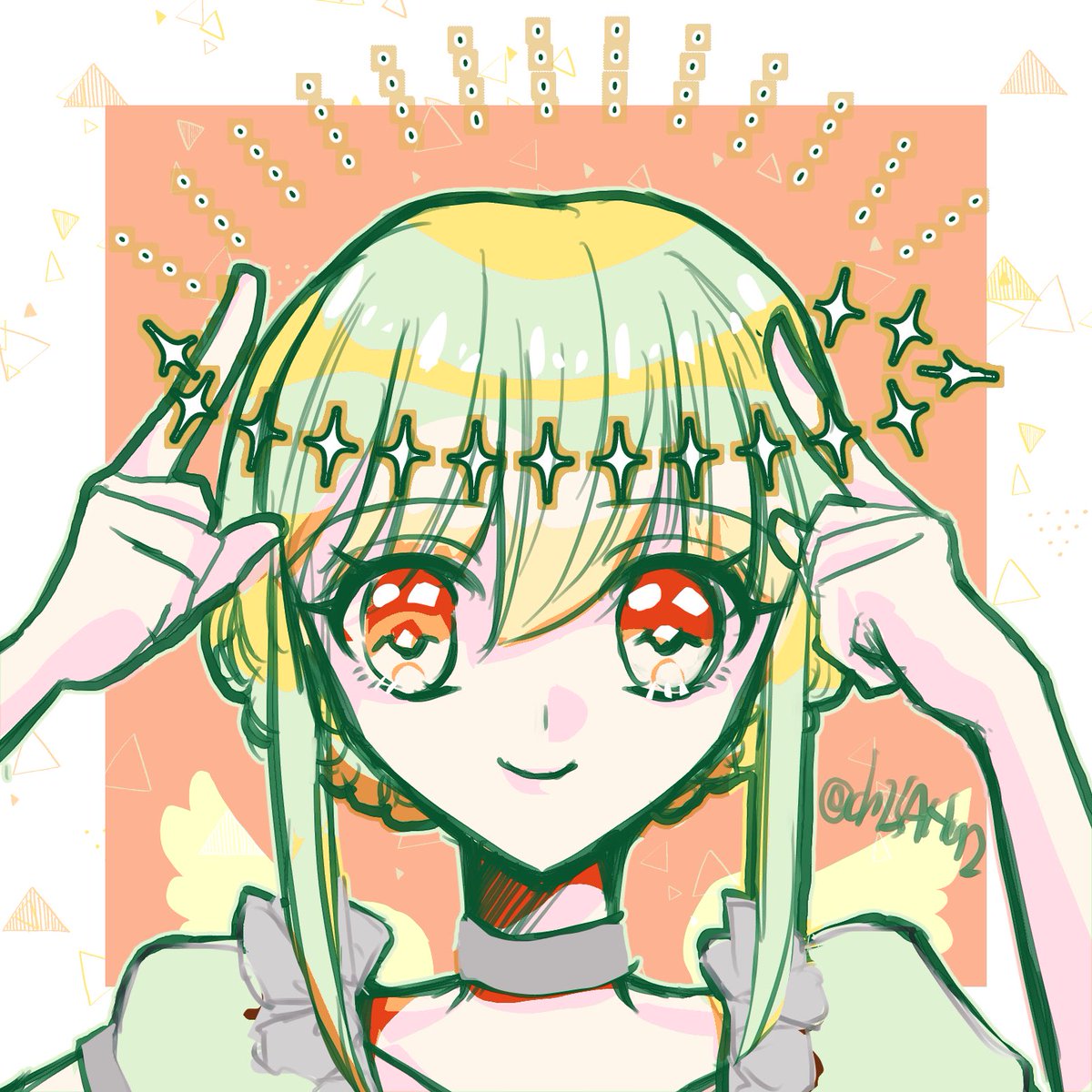 solo smile green hair looking at viewer choker red eyes 1girl  illustration images
