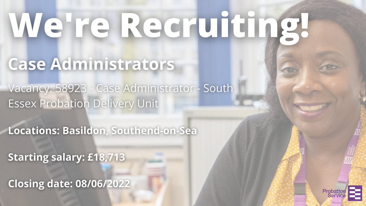 EoEProbation's tweet photo. 🎉We're #recruiting Case Administrators in #SouthEssex! Click the link to find a job description and apply🎉

🔗https://t.co/vDmjXGQJQL

@EoEPSregion @SteveJPEofE #vacancy #HiringAlert #careers #opportunities #civilservice #team #vacancies #adminjobs #entrylevel #Essex #Essexjobs https://t.co/5weYFAU0yh
