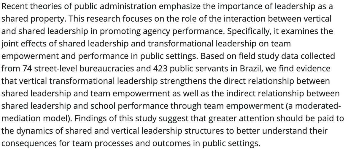New Article: Joint Effects of Shared and Transformational Leadership on Performance in Street-Level Bureaucracies: Evidence from the Educational Sector by @GMTavaress, <a href="/ulagowska/">Urszula Lagowska</a> &amp; Sobral. onlinelibrary.wiley.com/doi/abs/10.111…