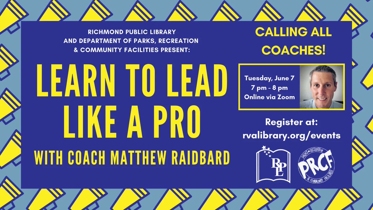 Next Tuesday, June 7th, We are partnering with <a href="/rvaparksandrec/">RVA Parks & Recreation</a> to present Learn to Lead like a Pro with Coach Matthew Raidbard <a href="/coachraidbard/">Matthew Raidbard</a>. This virtual event begins at 7pm and attendees will need to register using this link:
buff.ly/3M9qHhK