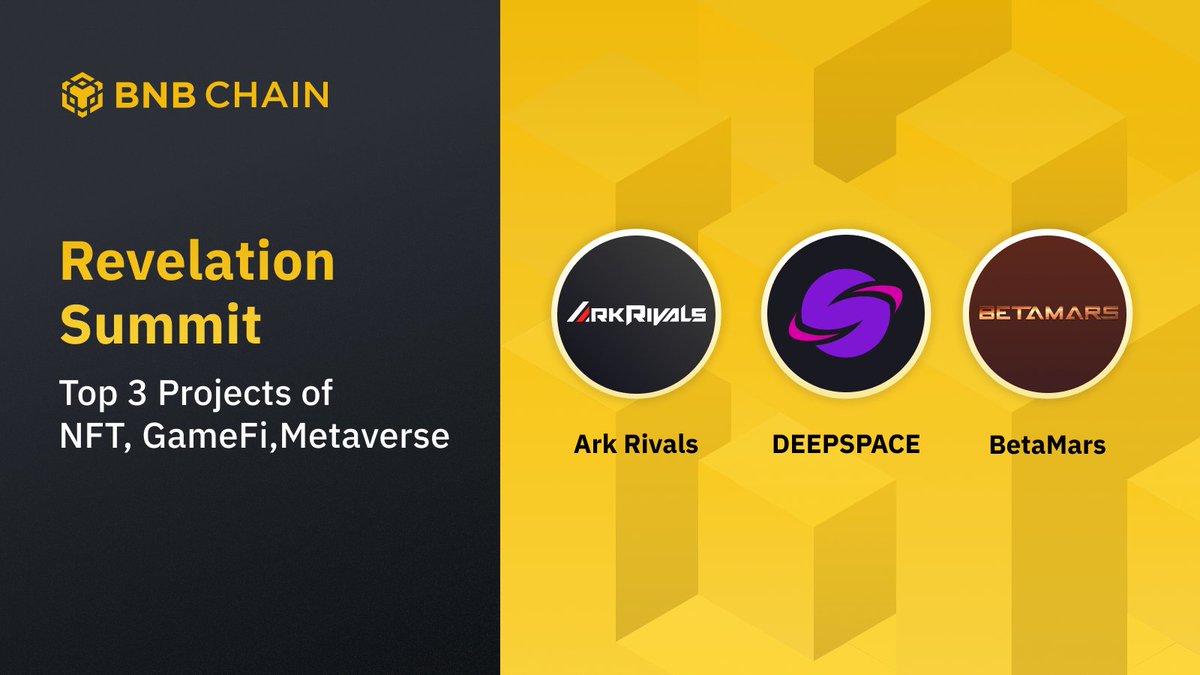 BNBCHAIN's tweet photo. The winner of the NFT, GameFi, Metaverse category sponsored by @KardiaChain is @Ark_Rivals 🥳

Congratulations to the runner-ups @DeepSpaceBSC &amp; @Betamars2025 💪 https://t.co/6wcVySZURC