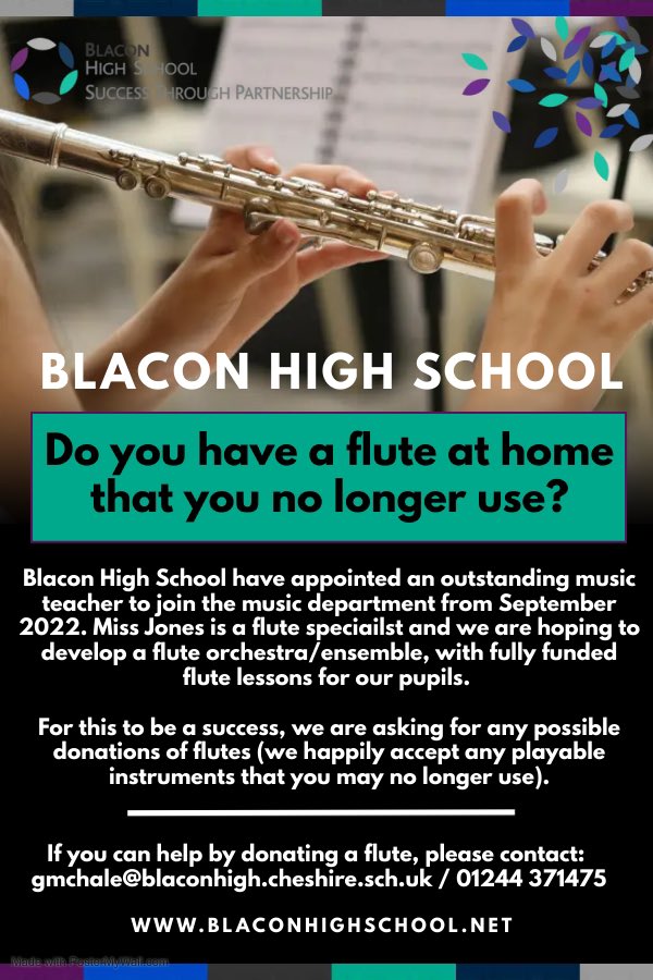 🎶 P L E A S E   S H A R E 🎶
Do you have a flute you could donate to our Music Department <a href="/BlaconHigh/">Blacon High School</a> ? <a href="/BlaconPE/">Blacon High PE Dept</a> @school_pa <a href="/BeaconBlacon/">Blacon Beacon</a> <a href="/blacon_youth/">Blacon Youth FC</a> <a href="/HighfieldBlacon/">Highfield Blacon</a> <a href="/DeePointPrimary/">Dee Point Primary</a> <a href="/jhgodwinschool/">JH Godwin</a> <a href="/StTheresasCP/">St Theresa's Catholic Primary School & Nursery</a> <a href="/ArchesSchool/">The Arches Primary School</a> @ChrisM4Chester <a href="/VisitChester_/">Visit Chester</a> <a href="/standardchester/">Chester Standard</a>