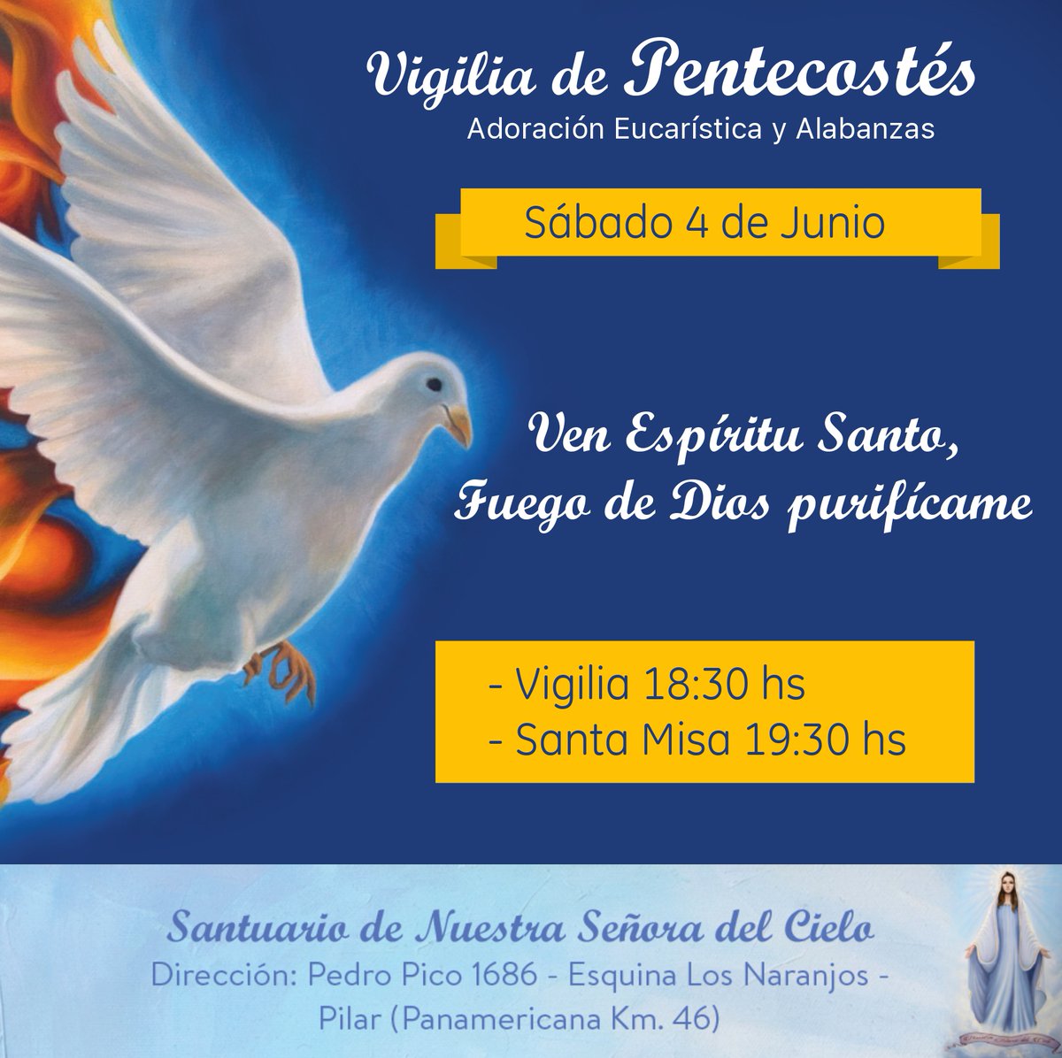 SraDelCielo's tweet photo. ¡Te esperamos en El Santuario este sábado para recibir al Espíritu Santo con María!
#pentecostes2022
#FuegoDeDios https://t.co/xjtcfdOBYW