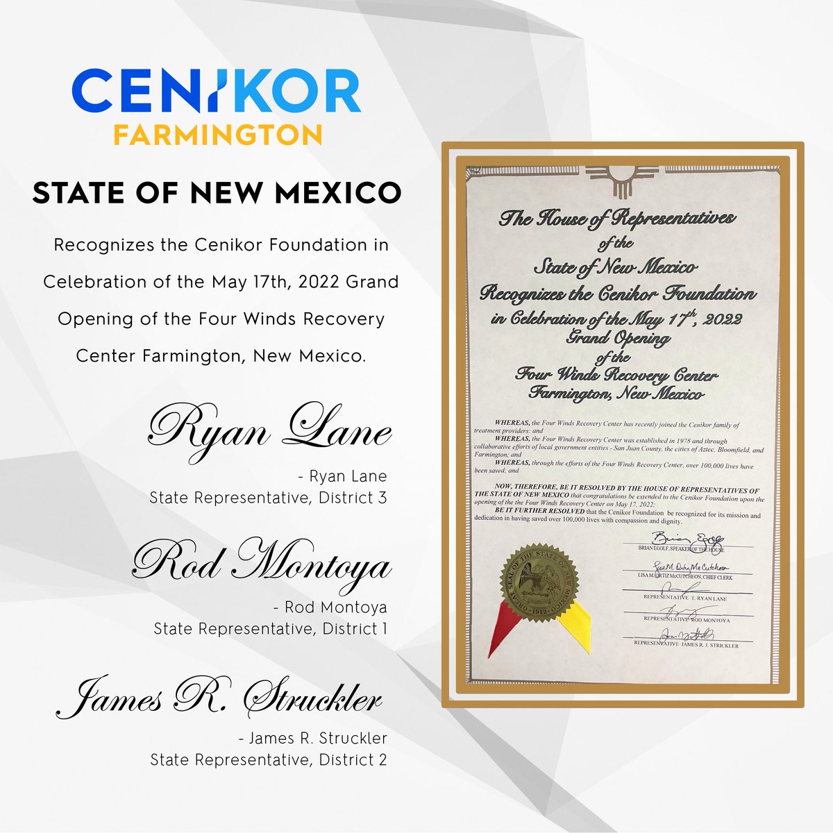Last month, Cenikor opened its doors in Farmington.  Thank you to #nmleg, Rep. Rod Montoya, Rep. James Strickler, and Rep <a href="/LaneForLiberty/">Ryan Lane</a> for this recognition. 

#WellBeyondRecovery #Cenikor55 <a href="/nmleg/">NMLEG</a>