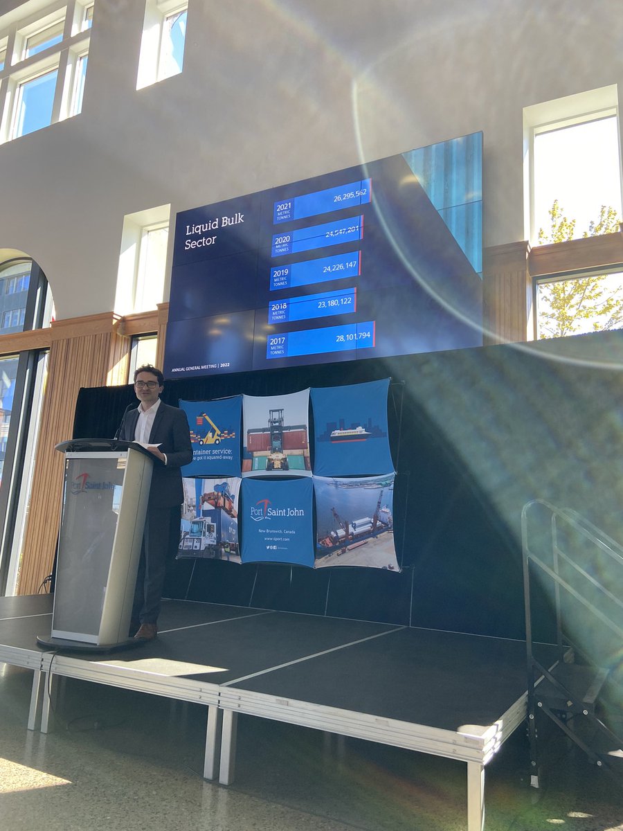 PortSaintJohn's tweet photo. Our CEO,  Craig Bell Estabrooks, reviews our container, dry bulk, and liquid bulk sectors.  Total tonnage in 2021 was more than 28.8 million MT, an 11% increase year-year-over year. #portcity #growth #supplychain https://t.co/RtcSe8nQh3