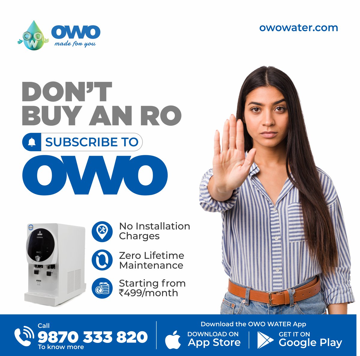 owoindia's tweet photo. Why WASTE money in purchasing an RO when you can SUBSCRIBE to OWO?

🚰 Alkaline based Cartridges
⚒️ No Installation Charges
🙂 Zero Lifetime Maintenance
💰 ₹499/month onwards

To know more,
📞 9870333820
📱 OWO Water App
🌐 https://t.co/QDdpUk6lBV
.
.
.
#OWO #OWOIndia #OWOWater https://t.co/DRiJSaQlPc
