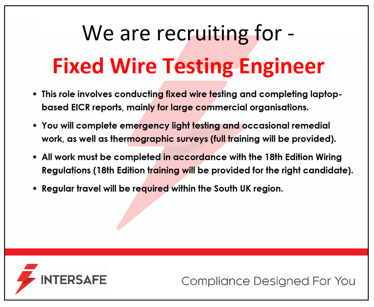 Intersafe_ltd's tweet photo. We are looking for candidates in regards to Fixed Wire Testing Engineer roles based in the south of the UK. If you are interested in these vacancies then please contact our Recruitment Manager Neil Durkin on 02380 610101 or neil@intersafe.co.uk #jobs #electricalcompliance https://t.co/zOS2y6Q0pR