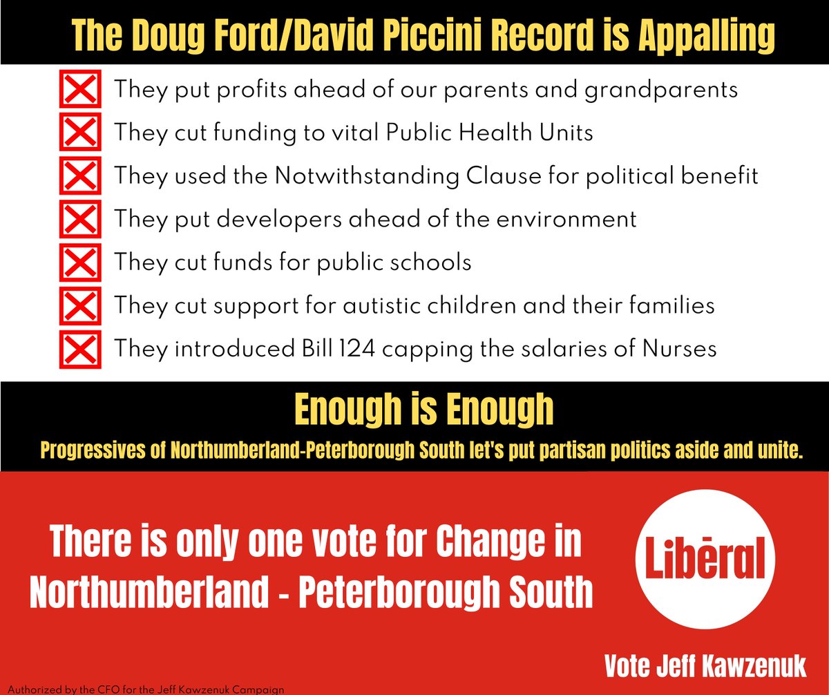 The choice for Northumberland-Peterborough South is clear. Elect a government fighting for real progress, or one that has a track-record of putting profit over people. There is one only one vote for change in this election. Vote Jeff Kawzenuk on June 2nd. Thank you.
