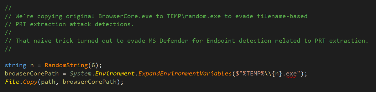 MS Defender for Endpoint detects Primary Refresh Token (PRT) extraction based on ProcessCreate event with BrowserCore.exe

Guess what? 
Copy BrowserCore.exe to %TEMP%\random.exe - no more detections ¯\_(ツ)_/¯

Got it implemented in my sponsorware SharpPRT for anyone intersted :)