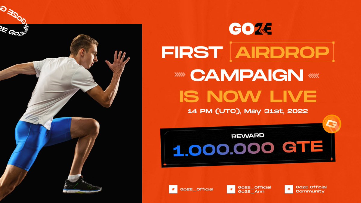 GO2E Move To Earn (@go2e_official) on Twitter photo π₯GO2EβS FIRST AIRDROP CAMPAIGN IS NOW LIVEπ
πPrize Pool: 1,000,000 GTE
πEnd date: June 7, 2022
π¨βπΌPer participant: 1 $GTE
π¨π© Per referral: 2 $GTE
π Airdrop Link: t.me/go2e_airdrop_bβ¦
 
πRetweet, Tag 5 Friends & Hashtag #GO2E #GTE
#MoveToEarn #Move2Earn #M2E #airdrop π₯GO2EβS FIRST AIRDROP CAMPAIGN IS NOW LIVEπ
πPrize Pool: 1,000,000 GTE
πEnd date: June 7, 2022
π¨βπΌPer participant: 1 $GTE
π¨π© Per referral: 2 $GTE
π Airdrop Link: t.me/go2e_airdrop_bβ¦
 
πRetweet, Tag 5 Friends & Hashtag #GO2E #GTE
#MoveToEarn #Move2Earn #M2E #airdrop