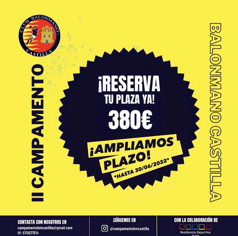 CampBmCastilla's tweet photo. 🚨AMPLIAMOS PLAZO DE RESERVA AL 30 DE JUNIO🚨

No te quedes sin tu plaza, recuerda que puedes apuntarte a través de este enlace:

https://t.co/nexo6OxMQi https://t.co/6cjvlPANG8