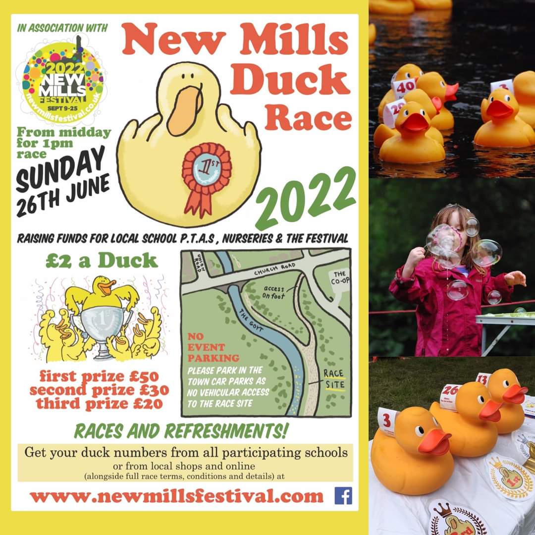Roll Up, New Mills Duck Race is back! 🦆

It will be on Sunday June 26th, 12.00pm, along the River Goyt with cash prizes &amp; trophies for the winning ducks. 

Tickets are £2 a duck &amp; find out how to purchase on our website:
newmillsfestival.co.uk

#NewMillsFestival #HighPeak