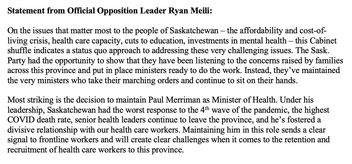 My statement on today's Cabinet shuffle.

#skpoli