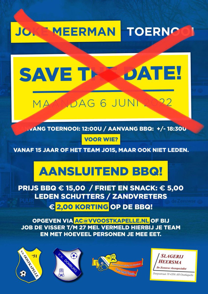 vvdomburg's tweet photo. Helaas gaat door een laag aantal aanmeldingen het Joke Meerman Toernooi NIET door! De BBQ wordt verzet naar komende zaterdag 4 Juni na de wedstrijd voor het kampioenschap van Oostkapelle/Domburg 1! Jullie kunnen je opgeven tot uiterlijk woensdag 18u via ac@vvoostkapelle.nl https://t.co/ZrsMIsX0lf
