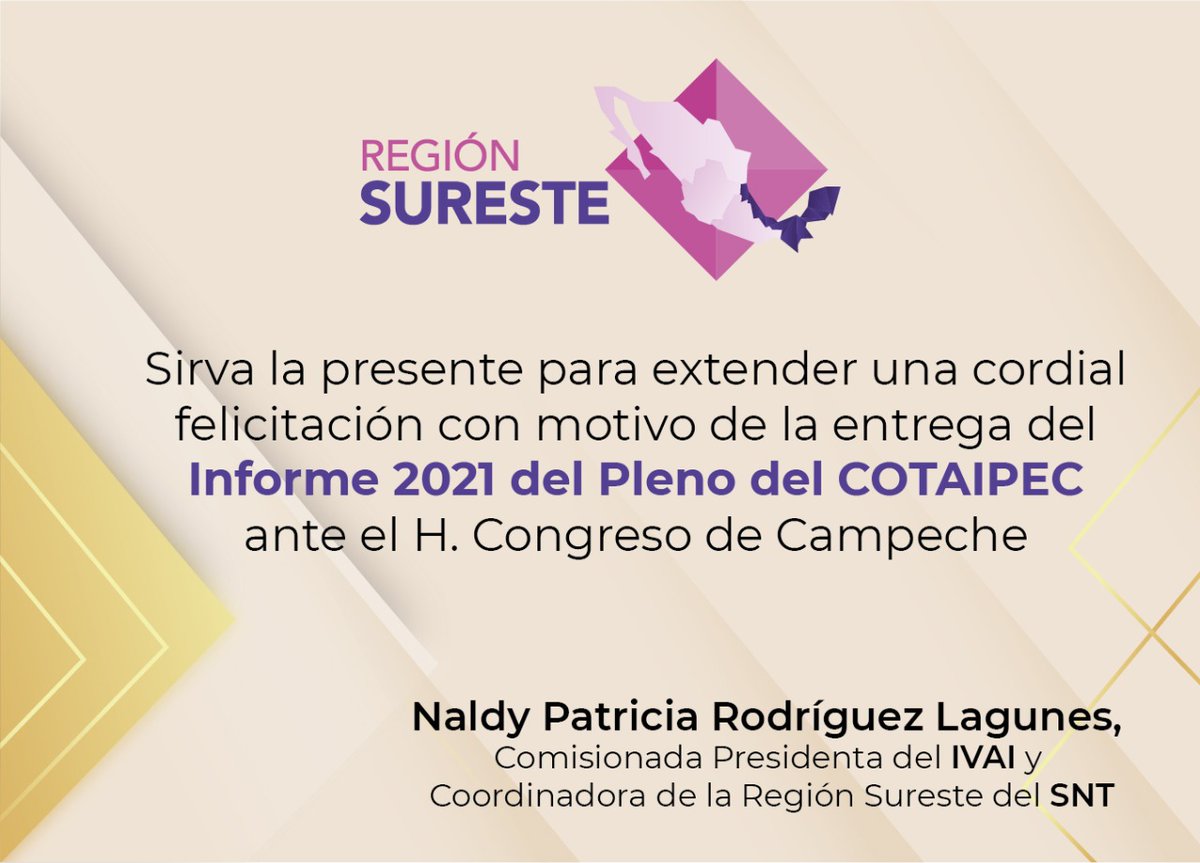 RegSureste_SNT's tweet photo. Los órganos garantes que integramos la #RegionSureste, reconocemos la labor realizada durante el 2021 por el @Cotaipec, felicitamos, al Pleno y a todo el funcionariado por su esfuerzo en favor de la transparencia y acceso a la información pública. https://t.co/7I9X8UpQjb
