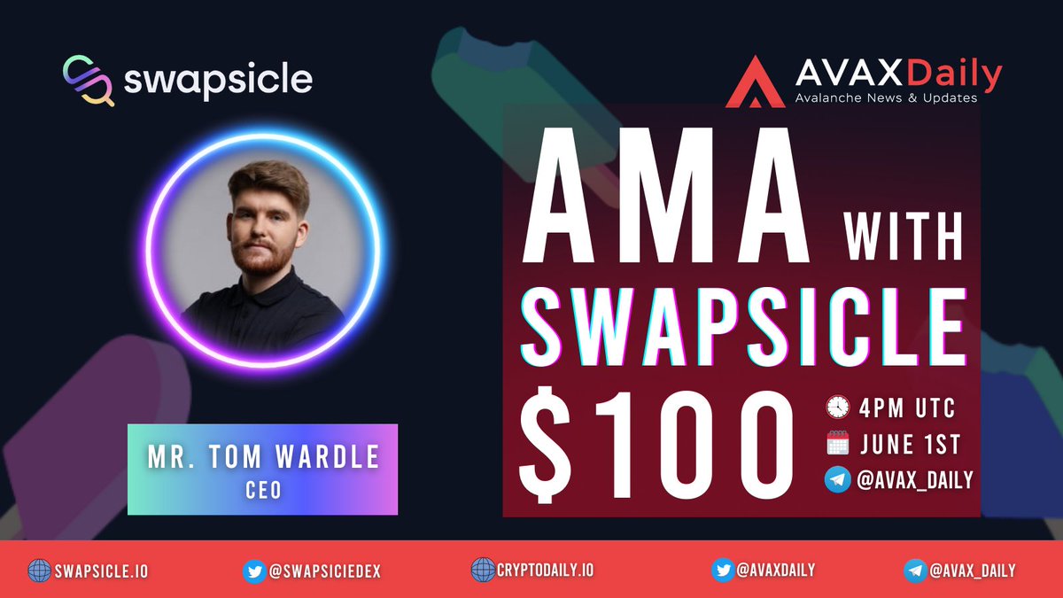 We're excited to announce that we'll be hosting an AMA with <a href="/SwapsicIeDEX/">swapsicIedex</a>

❓AMA type: Telegram Text

🗓️Date: June 1st at 4PM UTC

📍Venue: t.me/avax_daily

💰Prize Pool: $100

The top questions will be selected in the AMA. Prepare your questions everyone