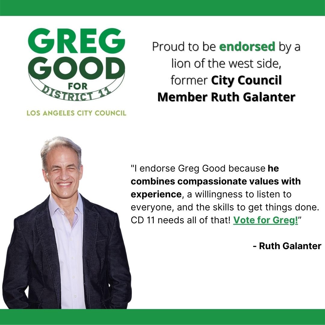 I'm excited to be endorsed by a true lion of the west side, former City Council Member Ruth Galanter. She used her time on the Council to advocate for crucial environmental and coastal issues, and economic justice, and continues to be a force in the community to this day.