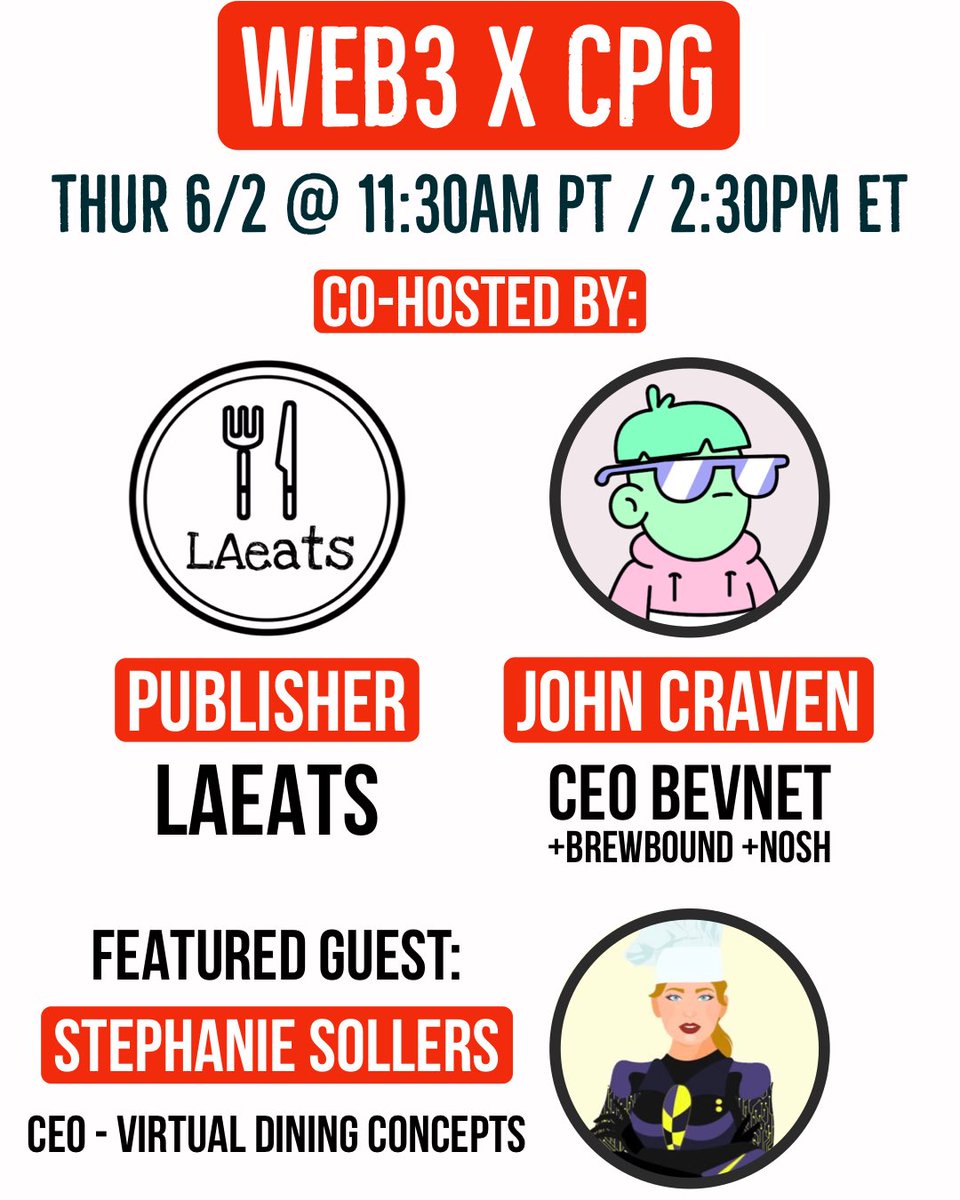 ⚡️⚡️WEB3⁣⁣⁣⁣⁣ X CPG⚡️⚡️⁣⁣⁣
⁣⁣⁣
🚨LIVE THURS 6/2
⏰ 11:30AM PT⁣ ⁣⁣/ 2:30PM ET⁣⁣⁣⁣⁣⁣
⁣⁣⁣
Virtual Concept &amp; more w/ <a href="/cregansollers/">Stephanie Sollers</a> CEO <a href="/VirtualDiningCo/">Virtual Dining Concepts</a>

Hosted by <a href="/BevNETCraven/">John Craven ↠ ʙᴇᴠɴᴇᴛ.ᴄᴏᴍ</a>⁣⁣⁣
CEO BEVNET + BrewBound + NOSH⁣⁣⁣⁣

&amp;

Publisher <a href="/LAeats/">LAeats 🍔🥟🍩☕️</a>⁣⁣