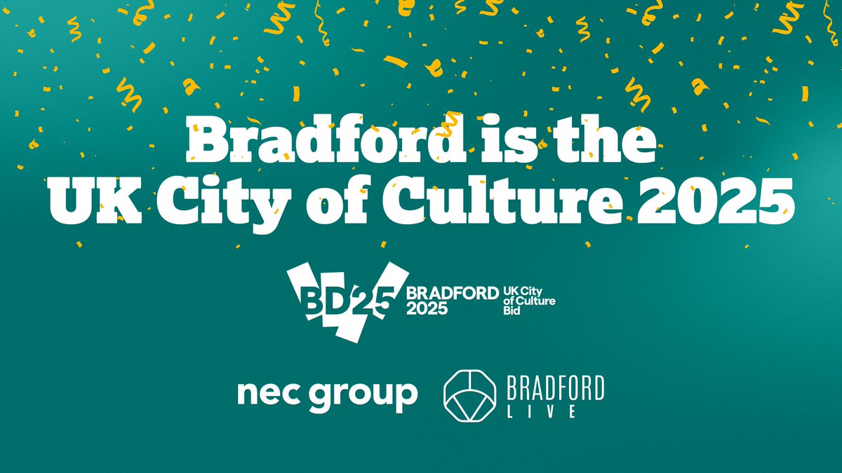 Bradford_Live's tweet photo. WE DID IT! 🥳

Bradford has been named #CityOfCulture2025. Now it’s time to tell the world our story 💥

#Bradford2025 https://t.co/bJlhuzr3z0