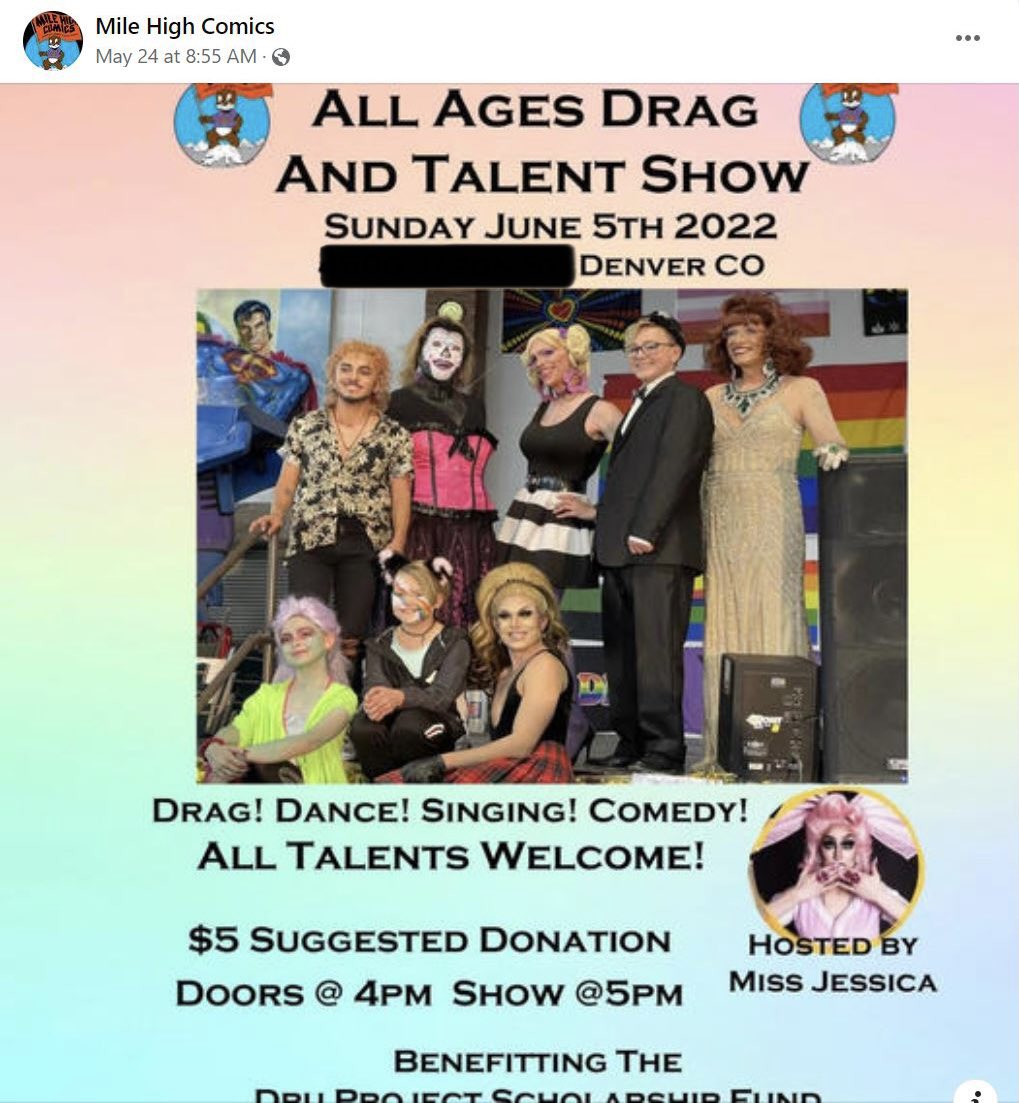 Various drag events for kids are being advertised everywhere:Mahwah, NJ - drag queen story timeApex, NC - DQSH & drag showManchester, VT - drag queen bingoDenver, CO - drag queen talent show