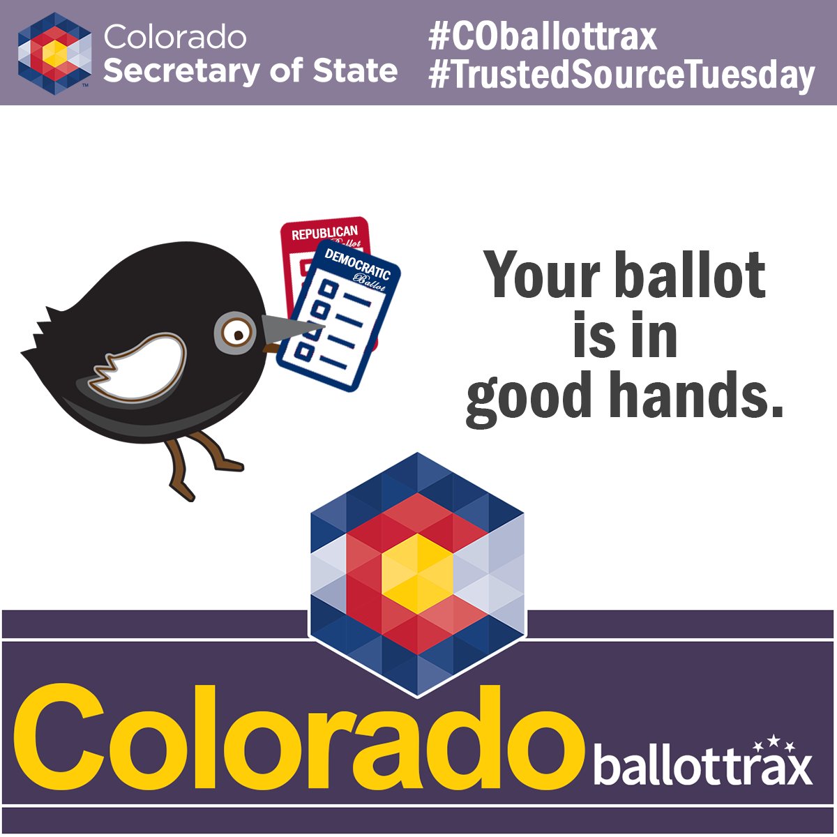 COSecofState's tweet photo. For #TrustedSourceTuesday, we’ve talked about all the steps taken before, during, and after elections to ensure they are secure. But wait, there’s more! Your local election offices provide voters a way to know when their ballot was sent, received, and counted using BallotTrax! https://t.co/jZPzzWgjbx