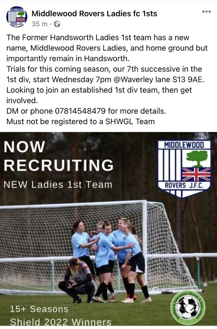Middlewood_Rov's tweet photo. Please see below details of our new Ladies team @shgcl @SHCFA https://t.co/quz900vdMC