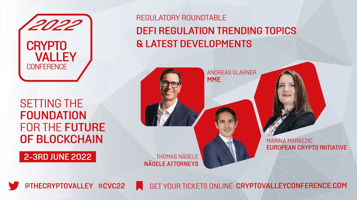 EuEthInstitute's tweet photo. 🇨🇭We are honoured to take part in the regulatory roundtable during the #CryptoValleyConference2022 this year! @MarinaMarkezic is going to talk about the recent trends and developments in #DeFi regulation, with a specific focus on #MICA 🇪🇺
@thecryptovalley #CVC22 https://t.co/P0pZ3gIlV0
