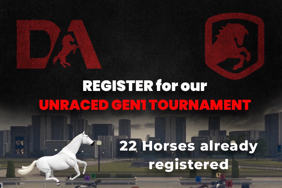💰 UnRaced GEN1 Tourney Update 💰 

⭐️ 22 Early Bird Entries Paid up
⭐️ $2,200 $USDC Min Prizemoney

⭐️ 20 Horses Listed below 
⭐️ Free Entry if you buy +Bonuses 
🌟 0.2 ETH Highest Offer so far

Bid now 👉 opensea.io/DERCArmy_Prizes

Drop by the DERCArmy Discord for details.